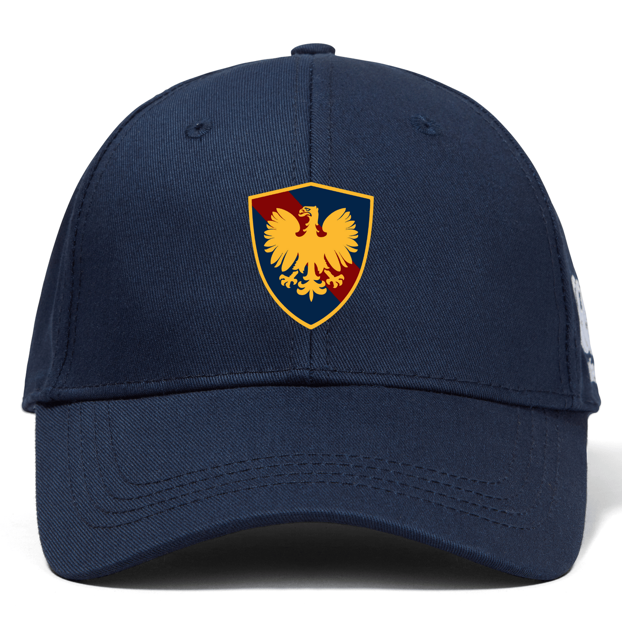 A navy blue Cincinnati Classical Academy Flexfit Drill Cap by EMB Canterbury with an embroidered CCC logo featuring a golden eagle on a blue and red background, centered on the front.