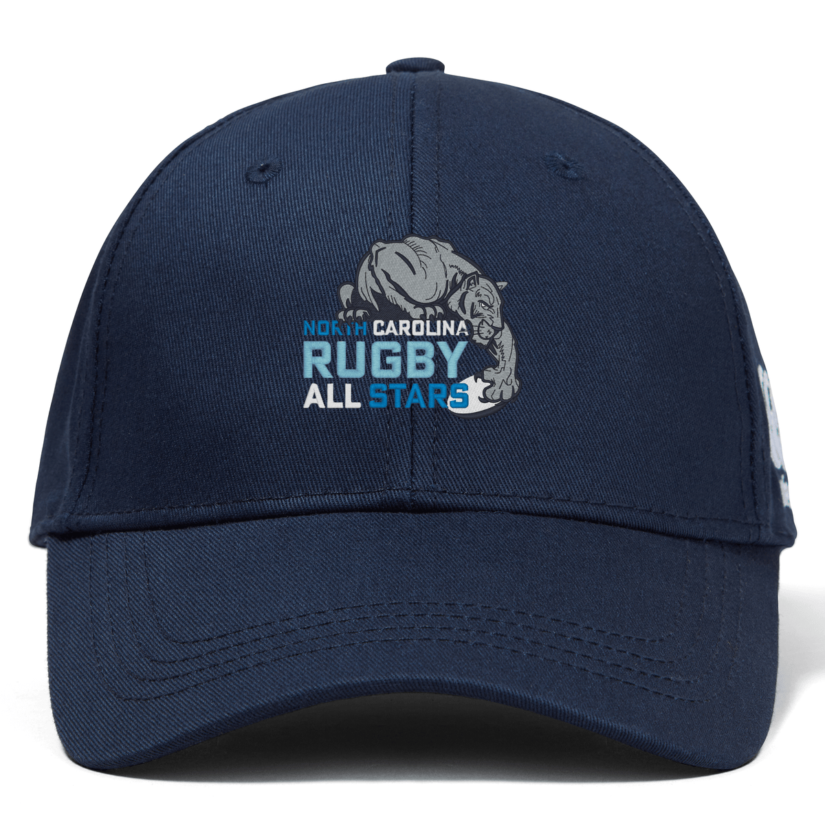 Navy blue NC All Stars Flexfit Drill cap by EMB Canterbury with the "north carolina rugby all stars" logo featuring a stylized bulldog, embroidered front view on a white background.