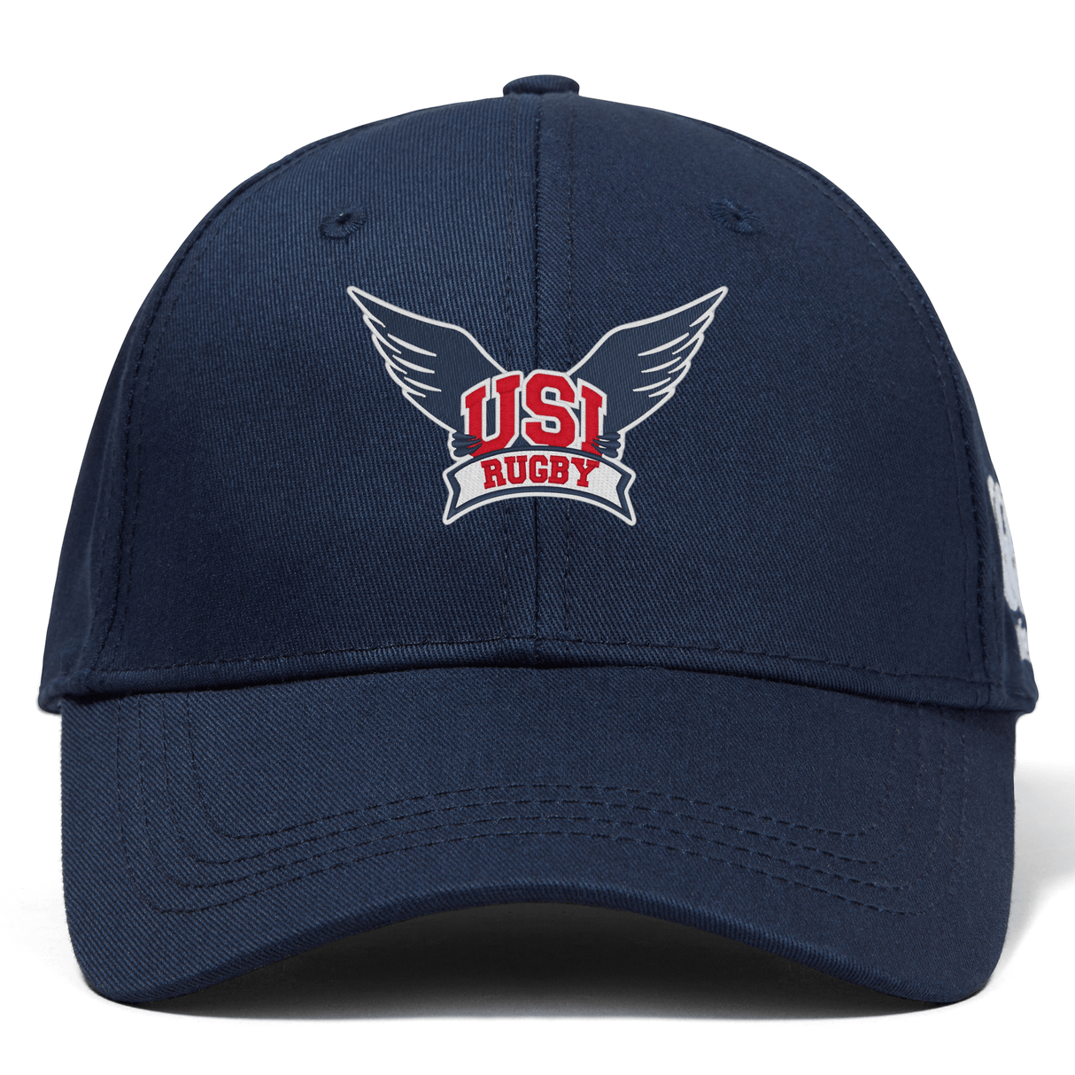 A navy blue University of Southern Indiana Flexfit Drill Cap by Canterbury featuring an embroidered logo with wings and text that reads "USI RUGBY" on the front.