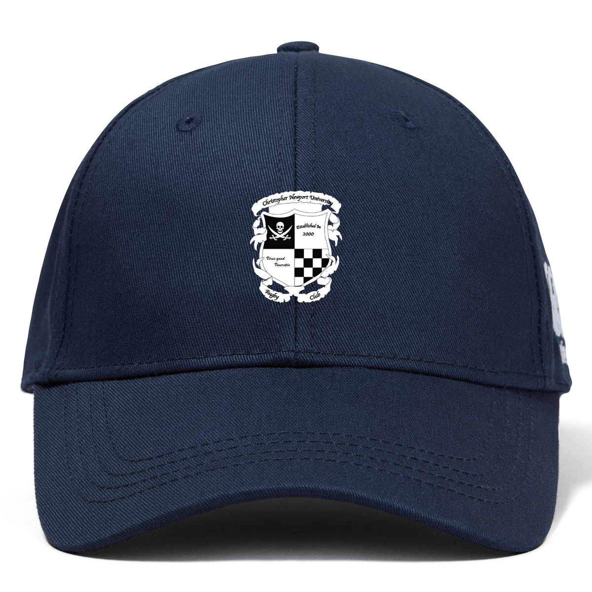 EMB Canterbury navy blue Rugby Football Club at Christopher Newport University Flexfit Drill Cap featuring an embroidered logo with a checkered border and a heraldic shield, displayed on a white background.