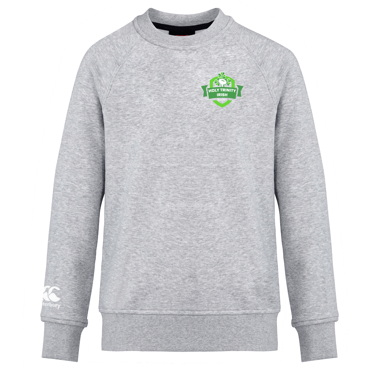 A Holy Trinity Rugby Canterbury Club Crew Sweatshirt with a green logo on it.