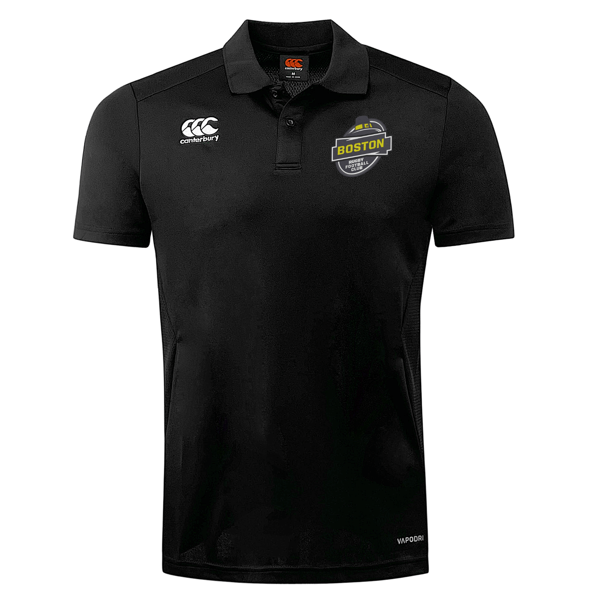 Black breathable Boston RFC Club Dry Polo with a collar, featuring the "Boston" logo and the EMB Canterbury emblem on the chest.