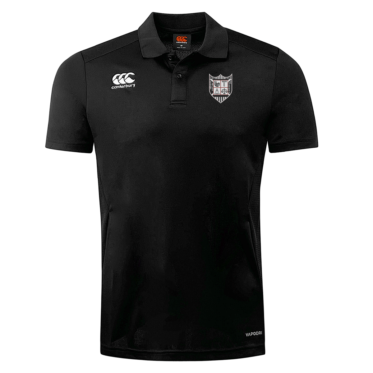 Black Troy University Rugby Club Dry Polo by EMB Canterbury with a white emblem on the left chest and a white logo on the right, displayed on a plain background.