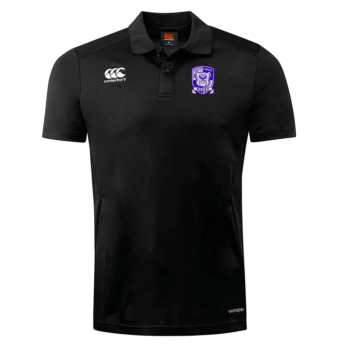 A black Winona State University Club Dry Polo by Canterbury featuring a purple lion crest on the chest and the EMB Canterbury logo on the right, with a collar and short sleeves. This breathable polo incorporates Vapodri Technology to keep you cool and comfortable.