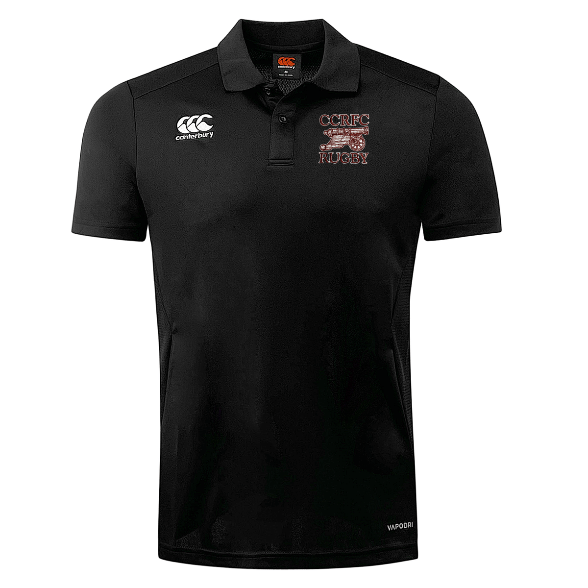 Black breathable Concord Carlisle Rugby Club Dry Polo by EMB Canterbury with Canterbury logo on the right chest and CCIRG rugby emblem on the left, displayed on a plain background.