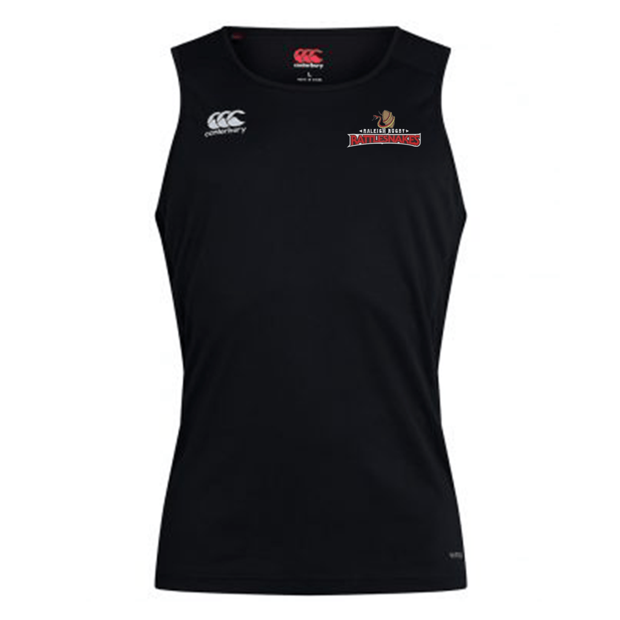 A black Raleigh Rattlesnakes Rugby Club Dry Singlet tank top with a red and white EMB Canterbury logo.