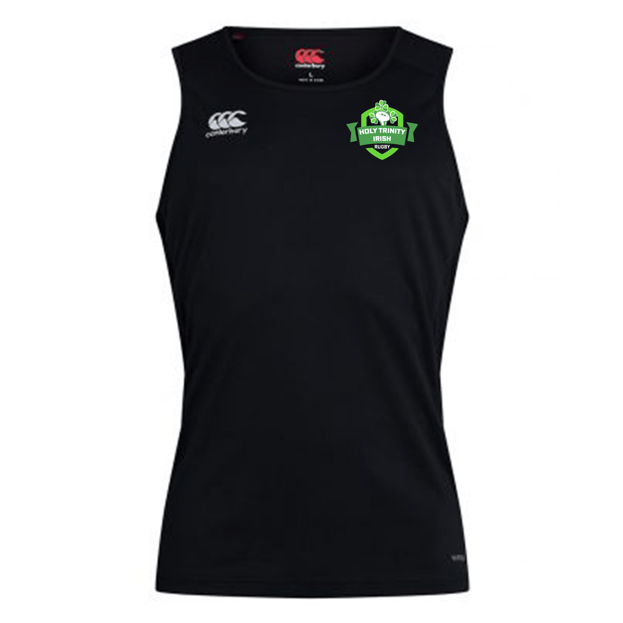 A Holy Trinity Rugby Canterbury Club Dry Singlet with a green logo on it.