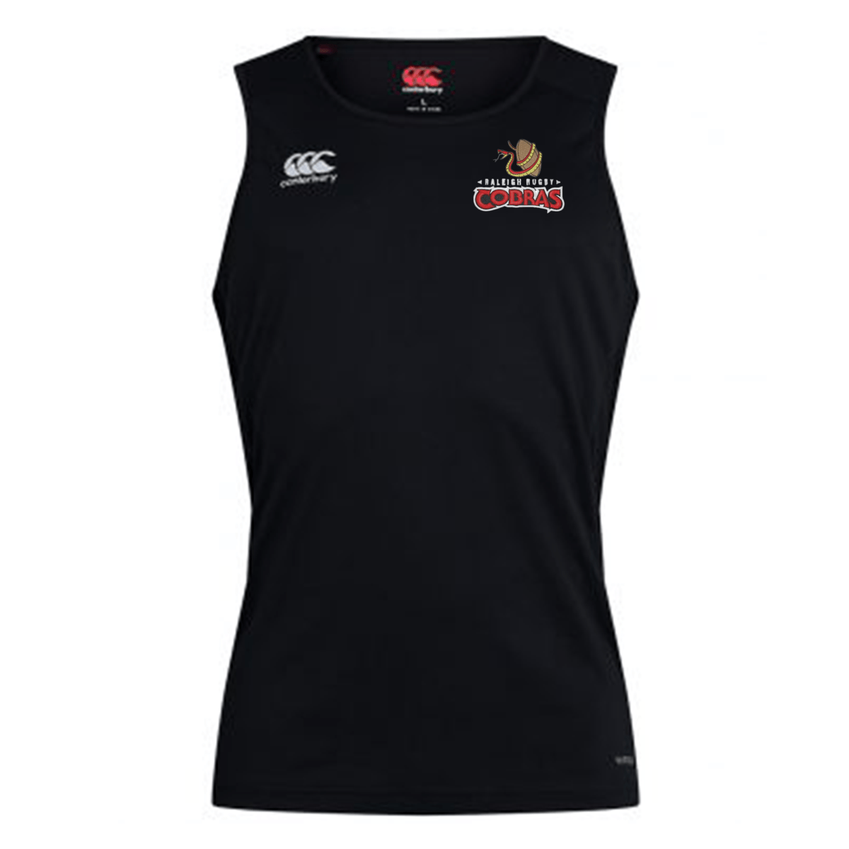 A black Raleigh Cobras Rugby Club Dry Singlet by Canterbury with the EMB Canterbury logo.