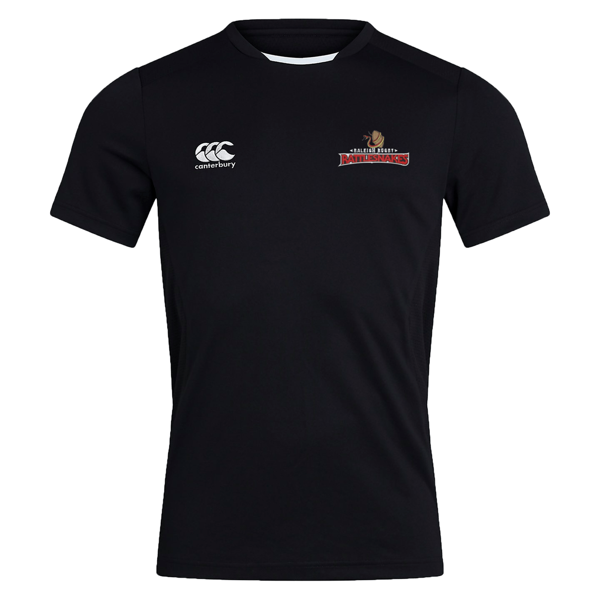 A black Raleigh Rattlesnakes Rugby Club Dry Training Tee by EMB Canterbury with the Canterbury logo on it.