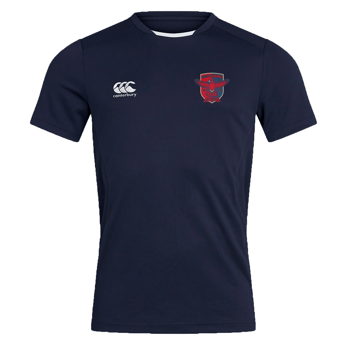Navy blue breathable sports t-shirt with a logo on the right chest and a CCC branding emblem on the left chest, Charlotte Cardinals Rugby Club Club Dry Tee by EMB Canterbury.
