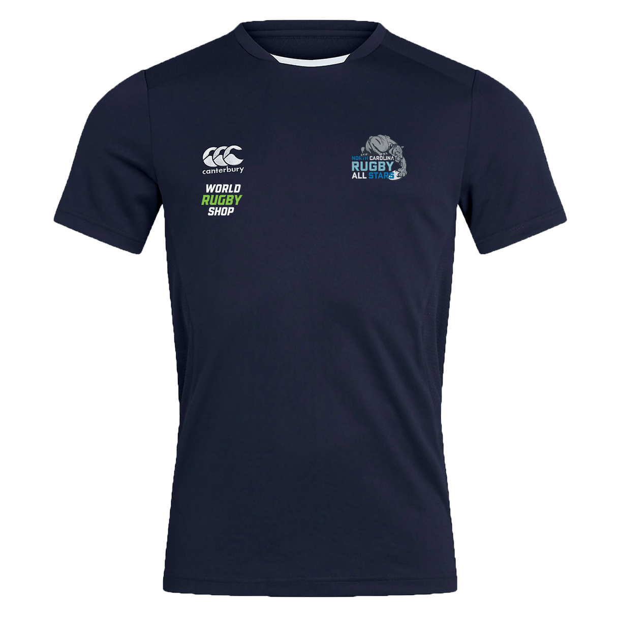 A navy blue NC All Stars Club Dry Tee by Canterbury featuring Vapodri Technology with an EMB Canterbury logo on the left chest, World Rugby Shop logo on the center front, and Rugby All Stars logo on the right chest. This design ensures comfort throughout your game.