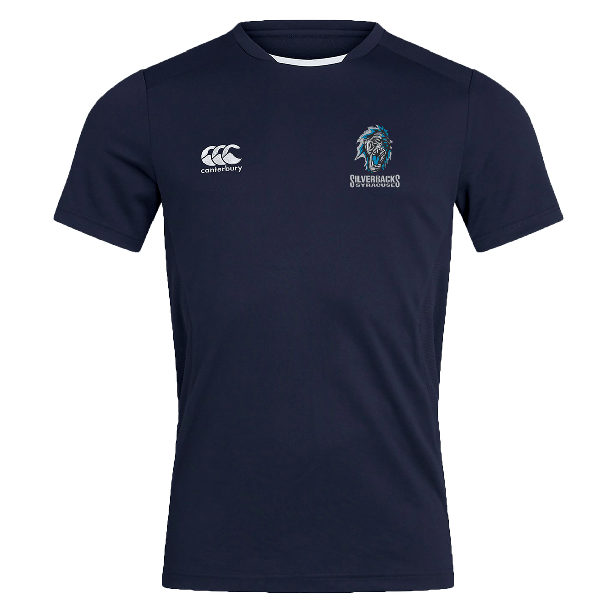 Syracuse Silverbacks Club Dry Tee by EMB Canterbury featuring a Canterbury logo on the right chest and a Silverbacks logo on the left chest, incorporating Vapodri Technology for quick drying and breathable performance.