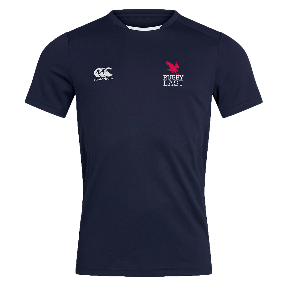 Navy blue short-sleeve Rugby East Conference Club Dry Tee by EMB Canterbury with "EMB Canterbury" logo on the left and "RUGBY EAST" logo with a red emblem on the right. Featuring Vapodri Technology for quick drying and breathable comfort.