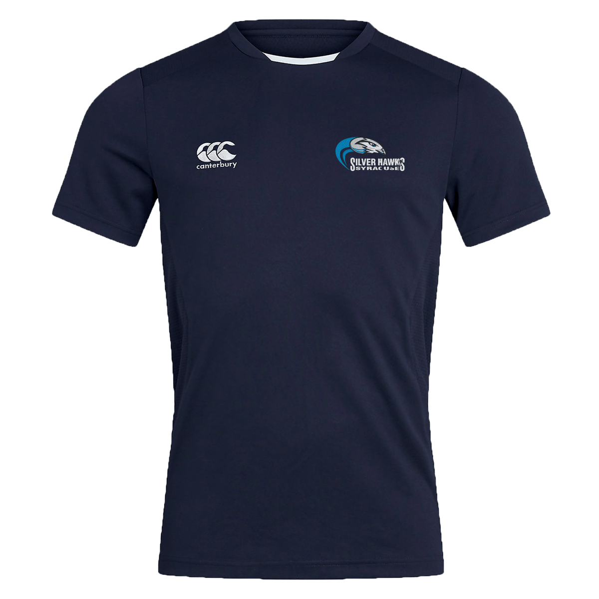Navy blue short-sleeve Syracuse Silver Hawks Club Dry Tee by EMB Canterbury with the "Canterbury" logo on the right chest, "Silver Hawks" emblem on the left side, and Vapodri Technology for optimal comfort during workouts.