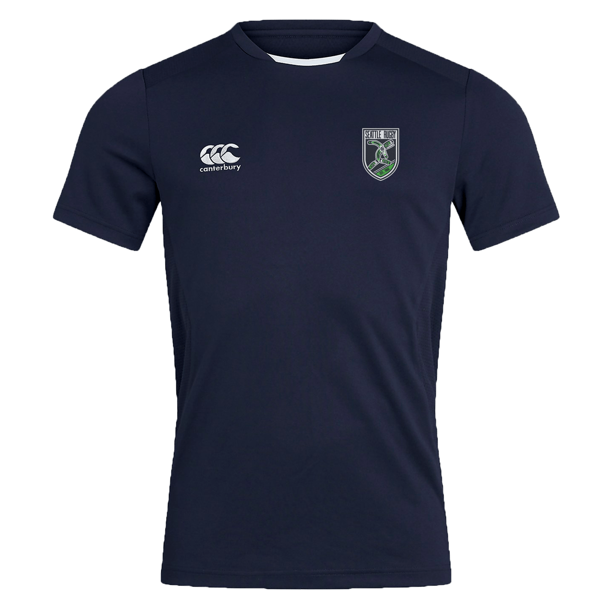 Navy blue breathable Seattle Rugby Club Club Dry Tee by EMB Canterbury with CCC branding on the right chest and an embroidered crest on the left chest, displayed on a plain white background.