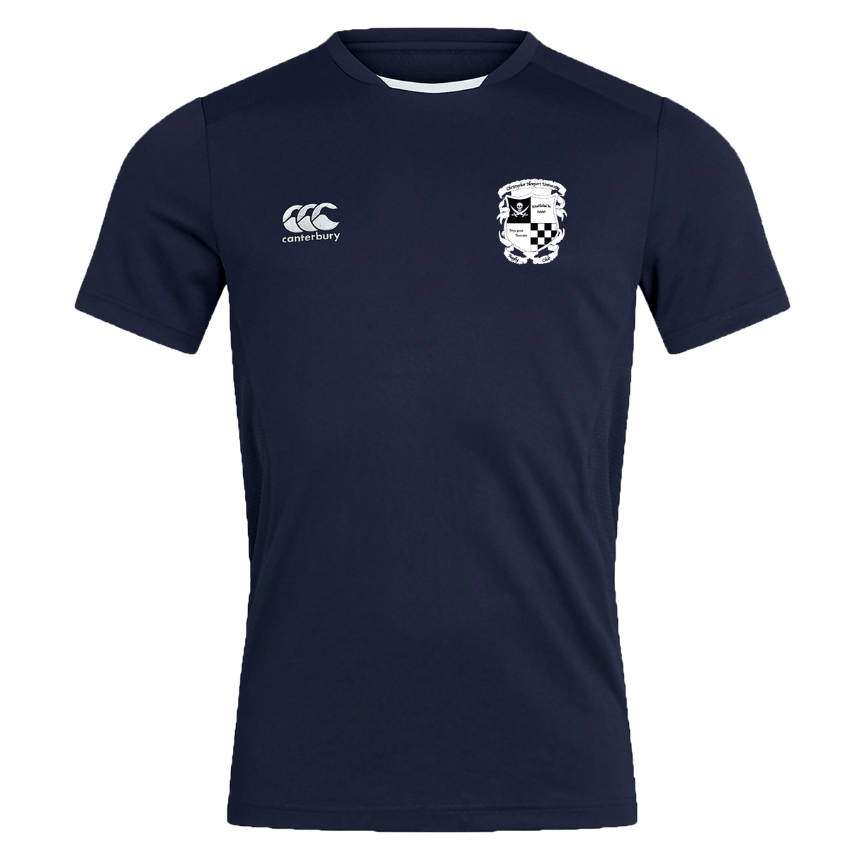 Sentence with product names: Navy blue moisture-wicking Rugby Football Club at Christopher Newport University Club Dry Tee by Canterbury with an EMB Canterbury logo on the right chest and a white crest on the left chest, displayed on a plain background.