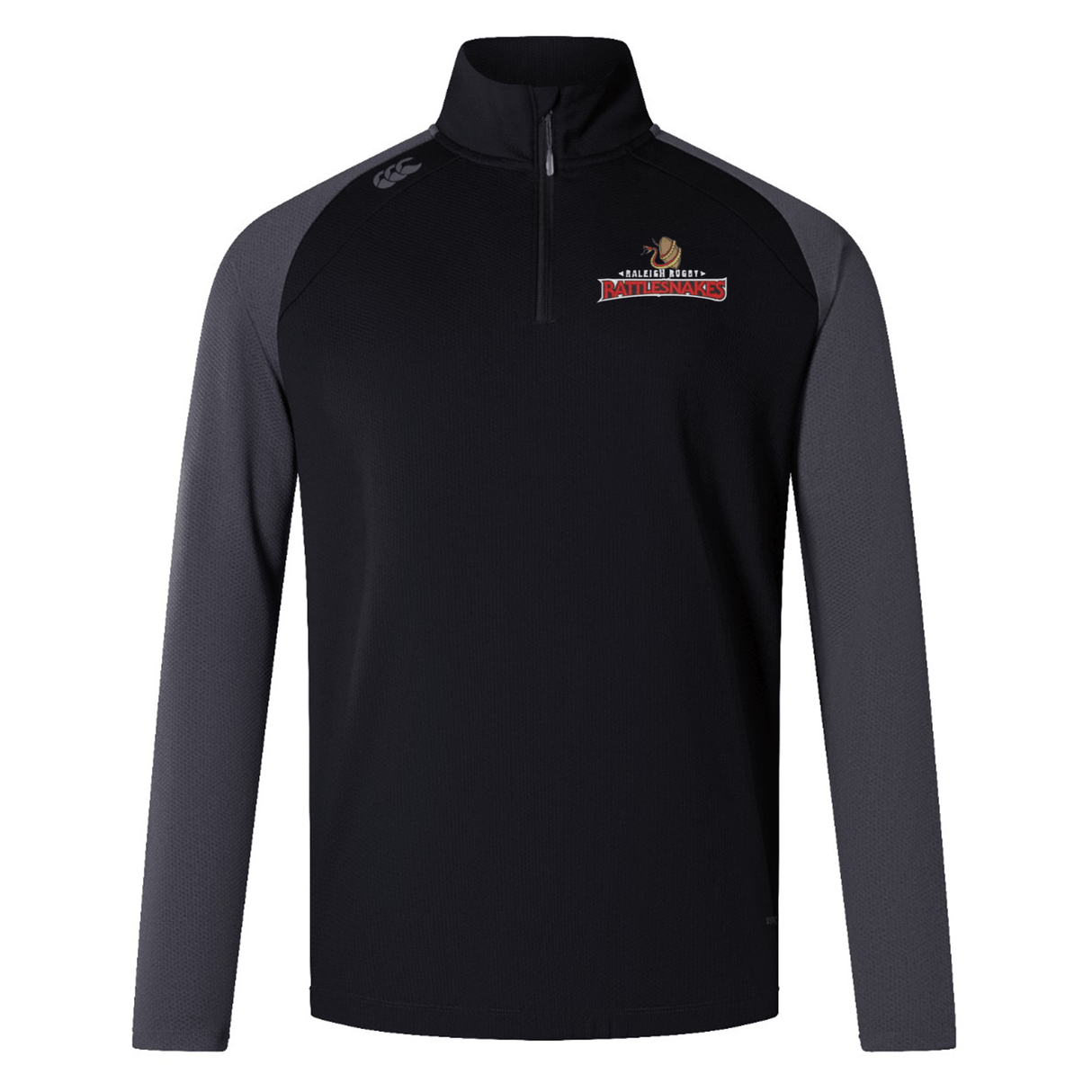 An EMB Canterbury Raleigh Rattlesnakes Rugby Elite First Layer jacket with the Raleigh Rattlesnakes Rugby logo on it.