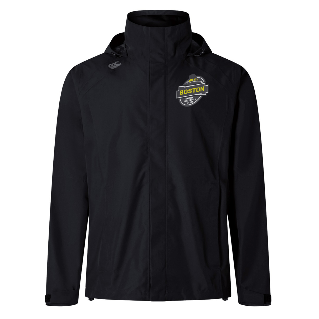Black waterproof sports jacket with a "Boston" emblem on the left chest, displayed on a plain background. - Boston RFC Elite Storm Jacket by EMB Canterbury