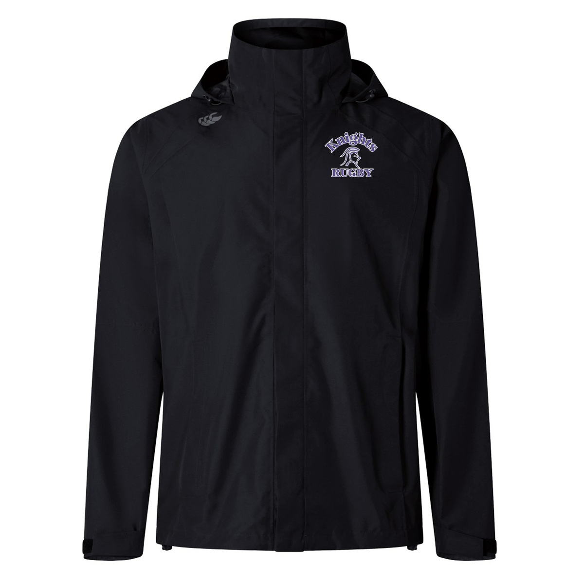A black hooded jacket with "Knights Hockey" and a knight logo embroidered on the chest, crafted as an Ardrey Kell Rugby Elite Storm Jacket by EMB Canterbury.