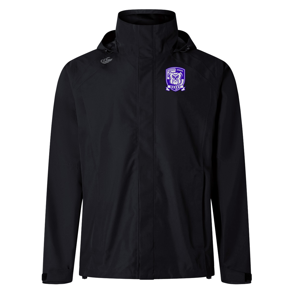 A black waterproof jacket with an adjustable hood and cuffs, featuring a crest on the chest area with a shield and purple emblem, is the Winona State University Elite Storm Jacket by EMB Canterbury.