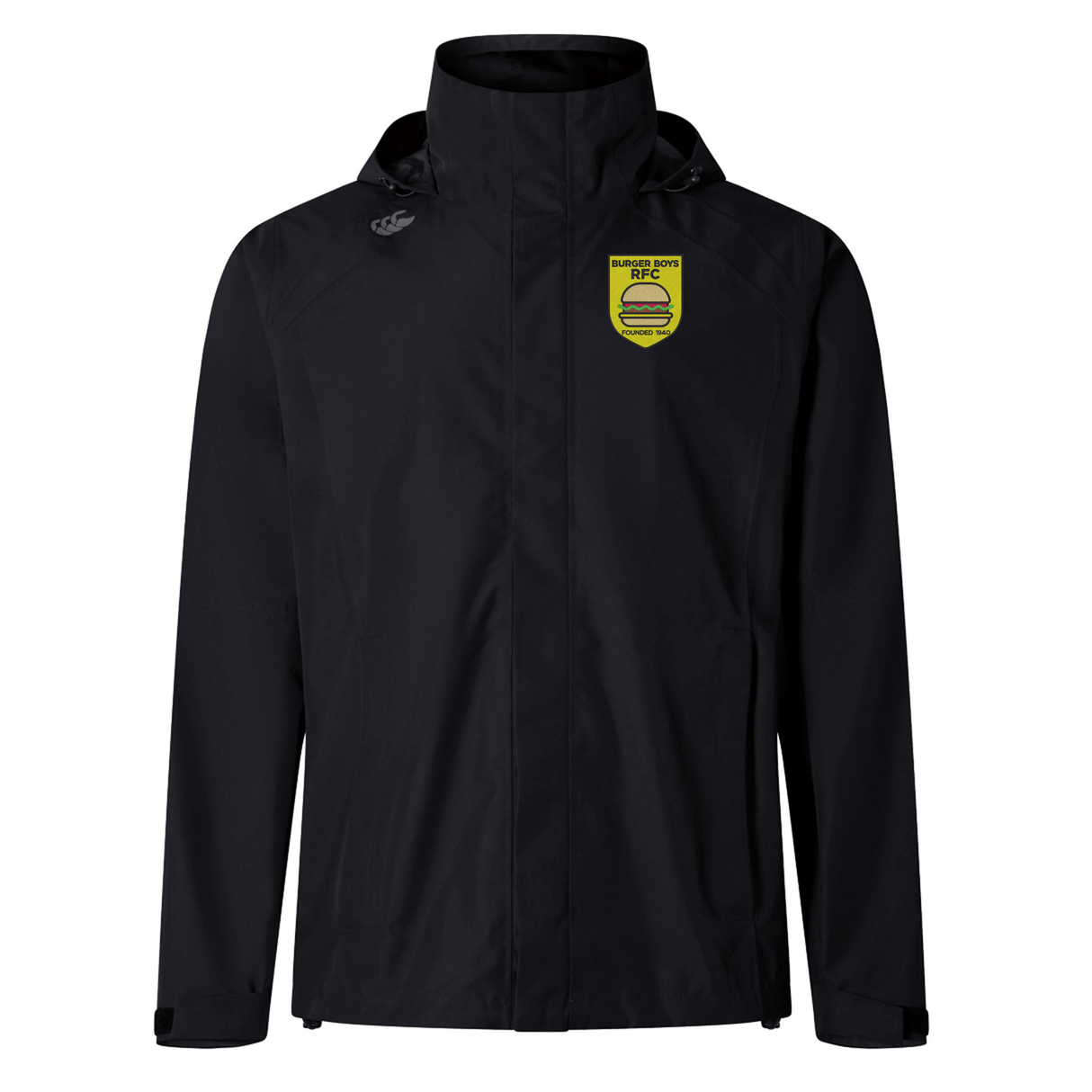 EMB Canterbury's Burger Boys RFC Elite Storm Jacket, a black waterproof jacket with a hood, featuring a yellow and green circular logo on the left chest area and enhanced with Vaposhield technology for breathability.