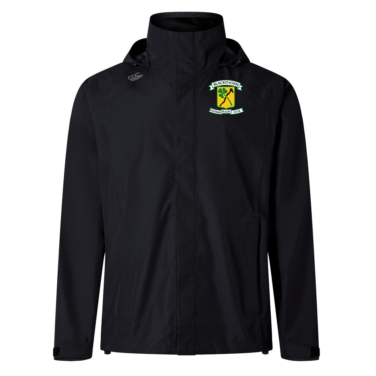 Black zippered EMB Canterbury performance jacket with a hood and a green and yellow emblem on the left chest, displayed against a white background.