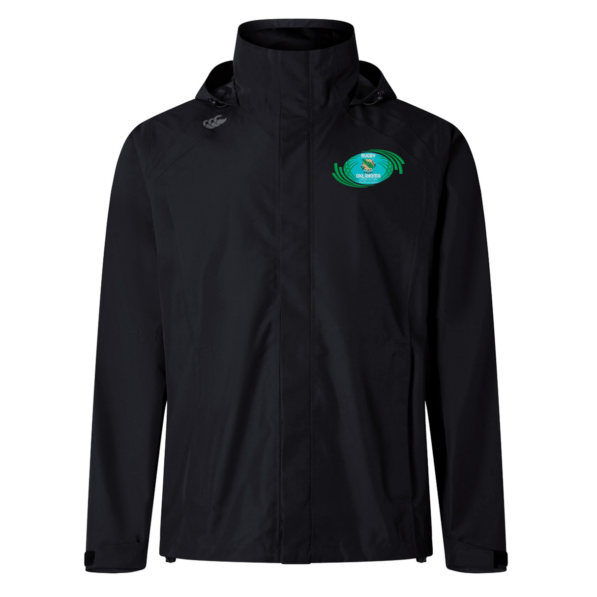 Rugby Oklahoma Elite Storm Jacket by EMB Canterbury with a hood and a bright green circular logo on the left chest area.