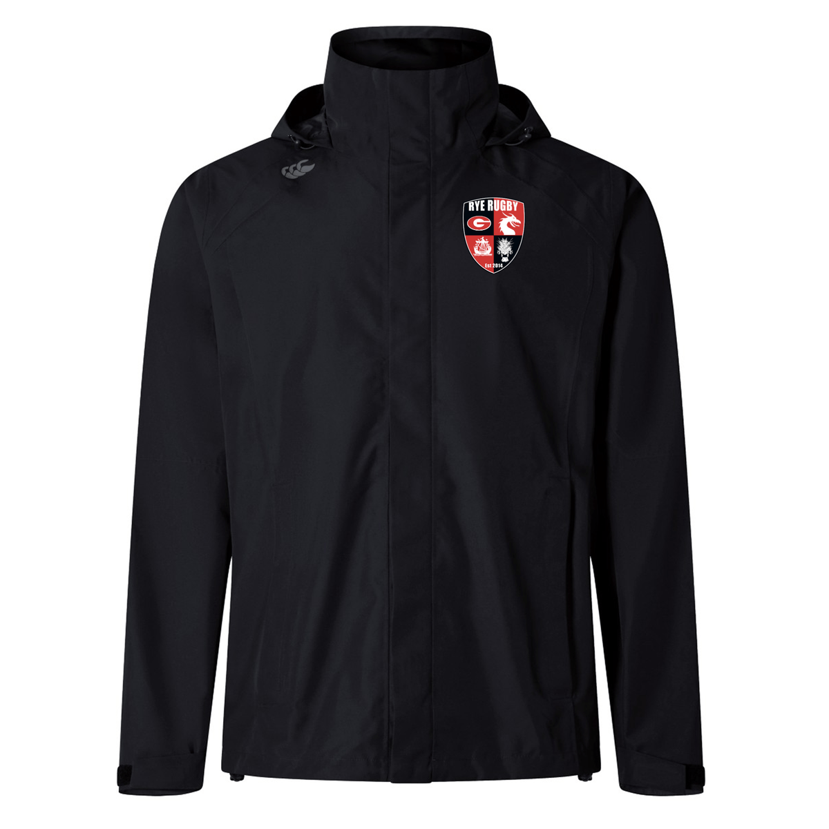 Black rugby jacket with a Vaposhield performance zipped front and a team logo on the left chest: Rye High School Rugby Elite Storm Jacket by EMB Canterbury