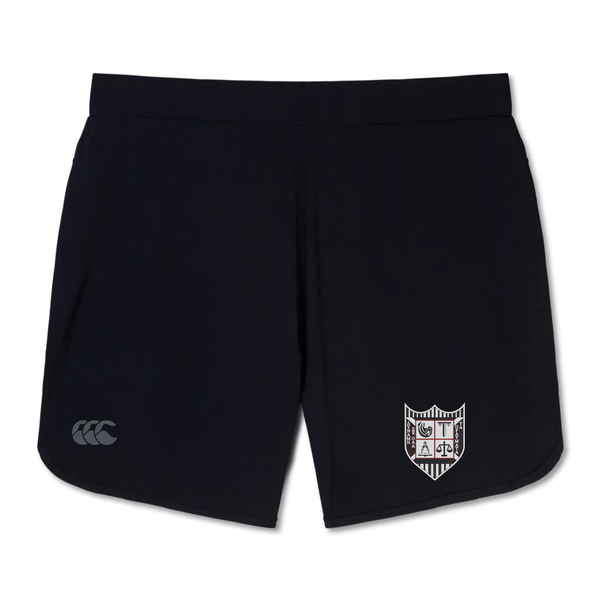Navy blue Troy University Rugby Elite Woven training shorts with a white shield emblem on the left leg and a small EMB Canterbury logo on the right leg.