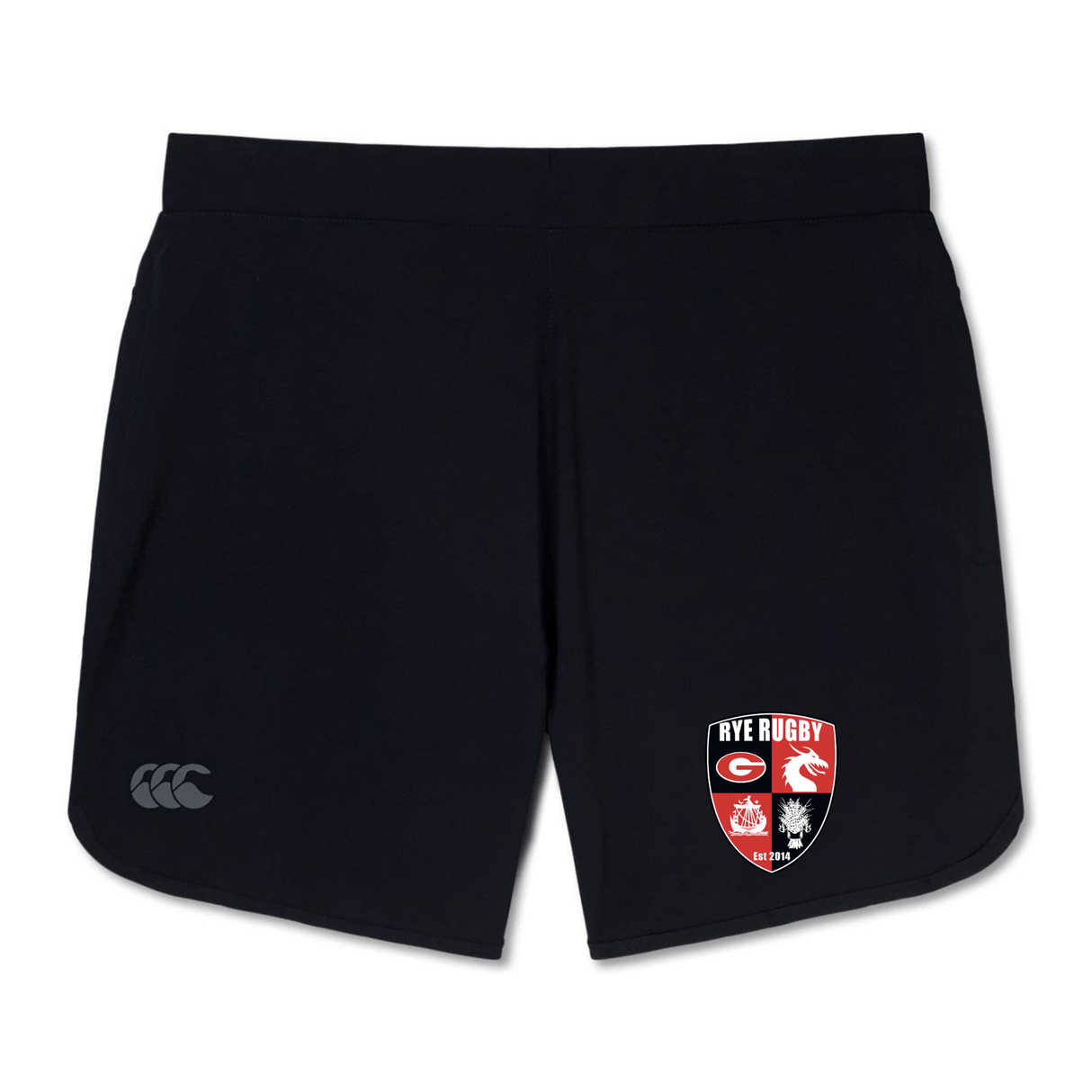 Dark blue Rye High School Rugby Elite Woven Short with a logo featuring text "ave rugby" and a graphic of a bear on the right leg, and the EMB Canterbury logo on the left.