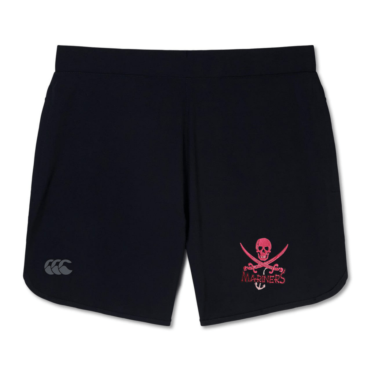 Navy blue SUNY Maritime Elite Woven gym shorts with a pink skull and crossbones logo and the word "mariners" on the left leg, and a white CCC logo on the right by EMB Canterbury.