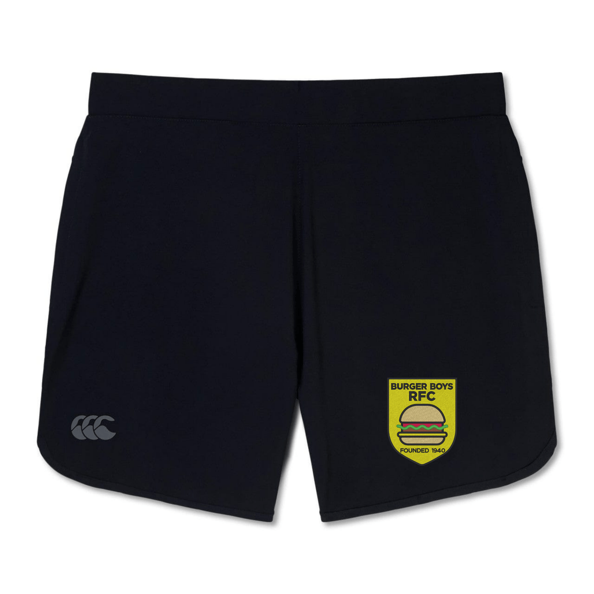 Navy blue EMB Canterbury Elite Woven gym shorts with zipped pockets and the logo "Burger Boys RFC Founded 1964" on the left leg.