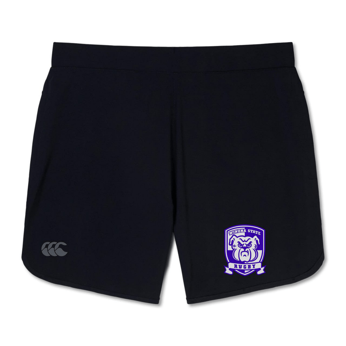 Black rugby shorts featuring a logo with a bear and the words "STATE RUGBY" on the front right leg, designed for lightweight comfort. These Winona State University Women's Elite Woven Shorts by Canterbury from EMB Canterbury also come with zippered pockets for secure storage.