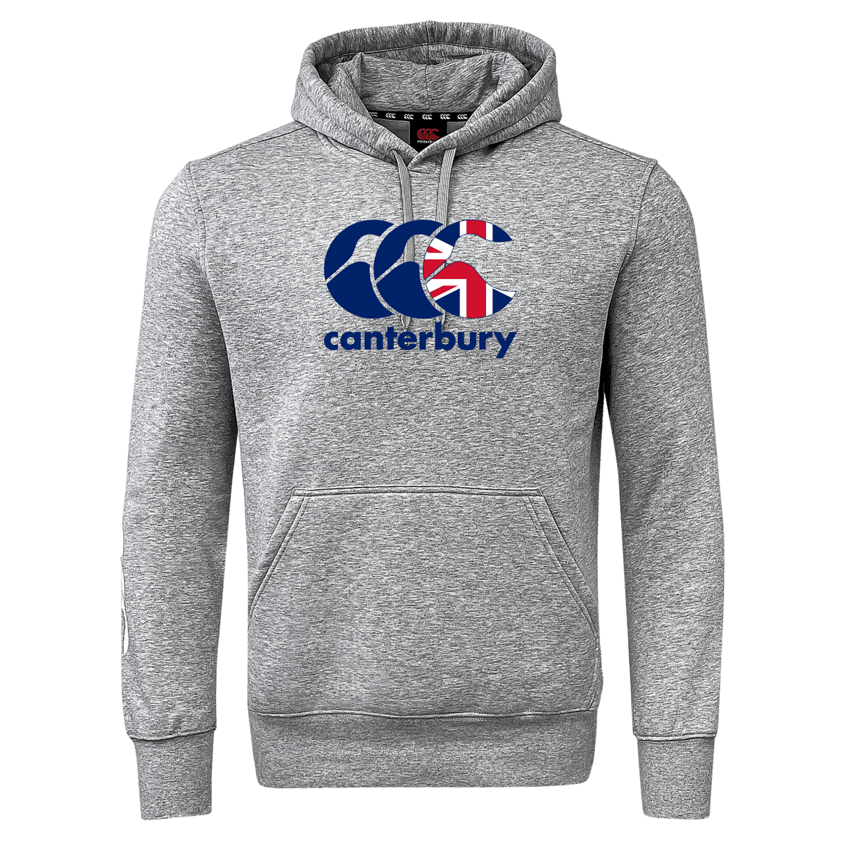 The Canterbury Great Britain CCC Flag Club Hoodie by WRS Canterbury features soft gray fleece and displays the iconic blue CCC logo with a stylized flag design.
