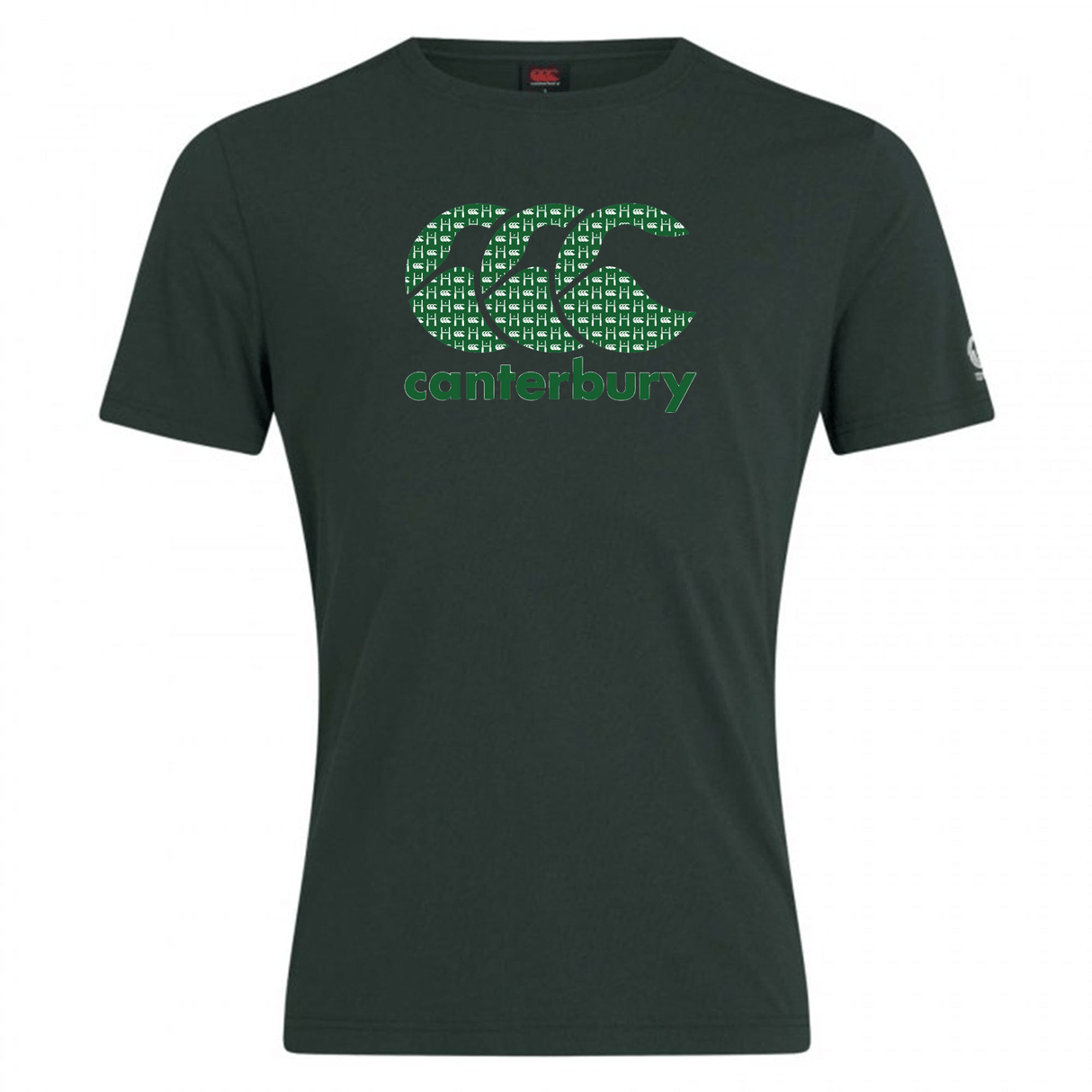 The Canterbury CCC Goal Post Club Plain T-shirt by WRS Canterbury, in dark green, features the iconic "Canterbury" wordmark and the unique three overlapping C's logo in green and white on the front, reflecting the heritage of the CCC Kiwi logo.