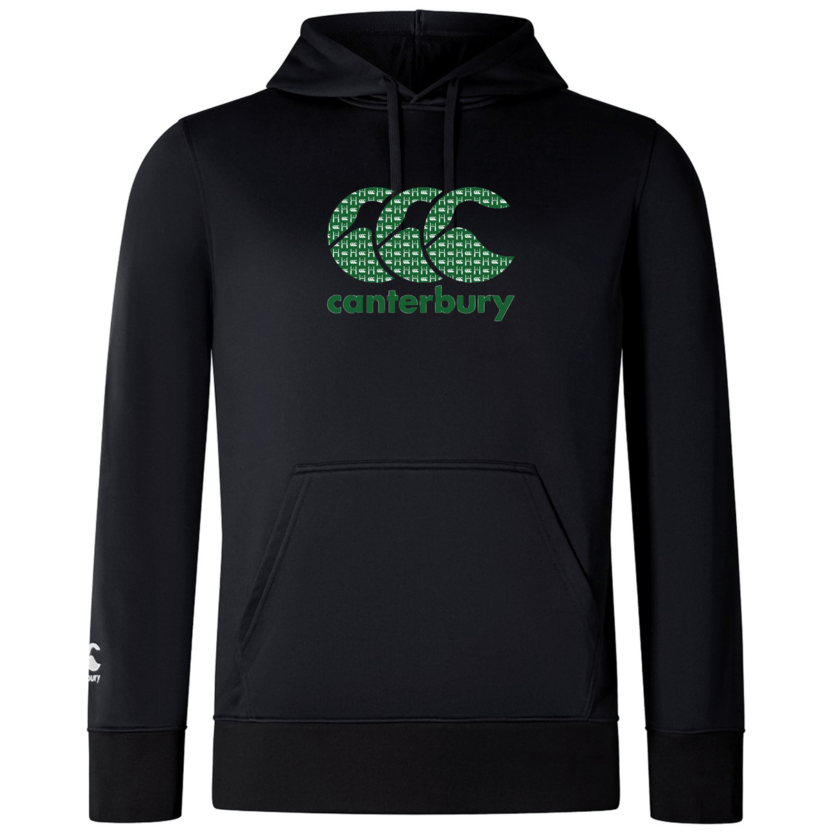 The WRS Canterbury Goal Post CCC Club Hoodie is a lightweight black piece with a green logo on the front, featuring a kangaroo pocket and hood.
