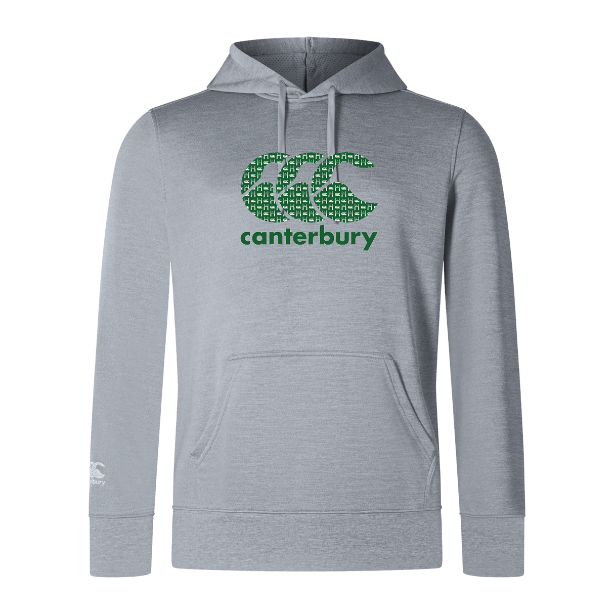 The Canterbury Goal Post CCC Club Lightweight Hoodie from WRS Canterbury is gray, with a green "CCC" logo and a convenient front pocket.