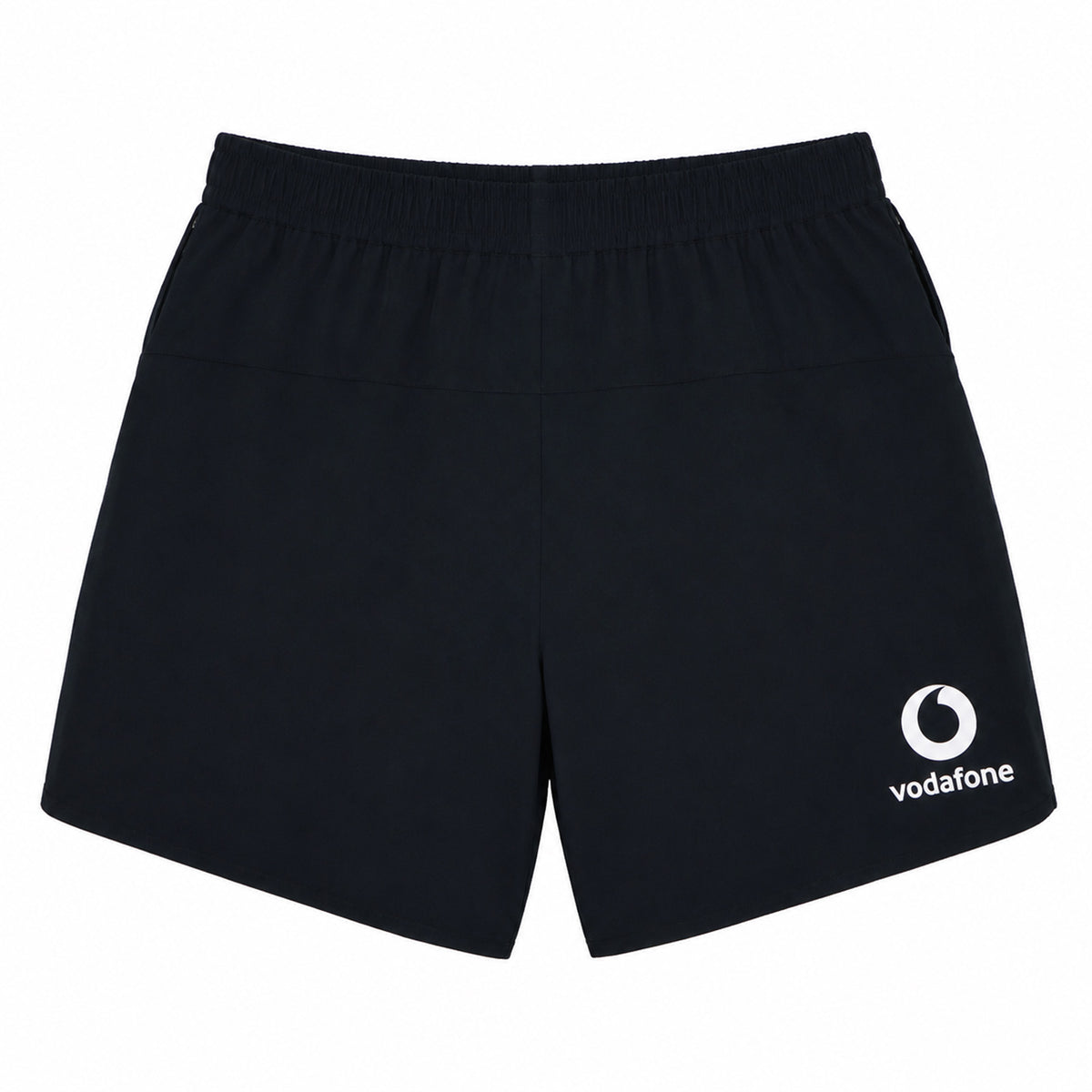 Women’s Ireland 26 6″ Woven Gym Short by Canterbury, shown from the back. Featuring an elastic waistband and inspired by classic Canterbury rugby shorts, these versatile black athletic shorts are ideal for women’s workouts or as Ireland gym shorts. The Vodafone logo is printed in white on the lower right leg.