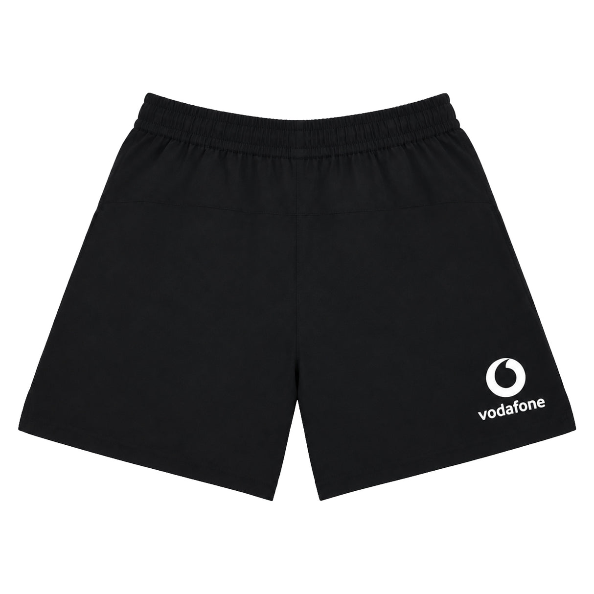 The Ireland 26 5″ Woven Gym Short by Canterbury are black athletic shorts with an elastic waistband and feature a white Vodafone logo on the lower left leg. Designed by Canterbury, these woven gym shorts have a comfortable 5 inch inseam for optimal mobility—making them perfect for Ireland rugby gym sessions. Displayed on a plain white background.