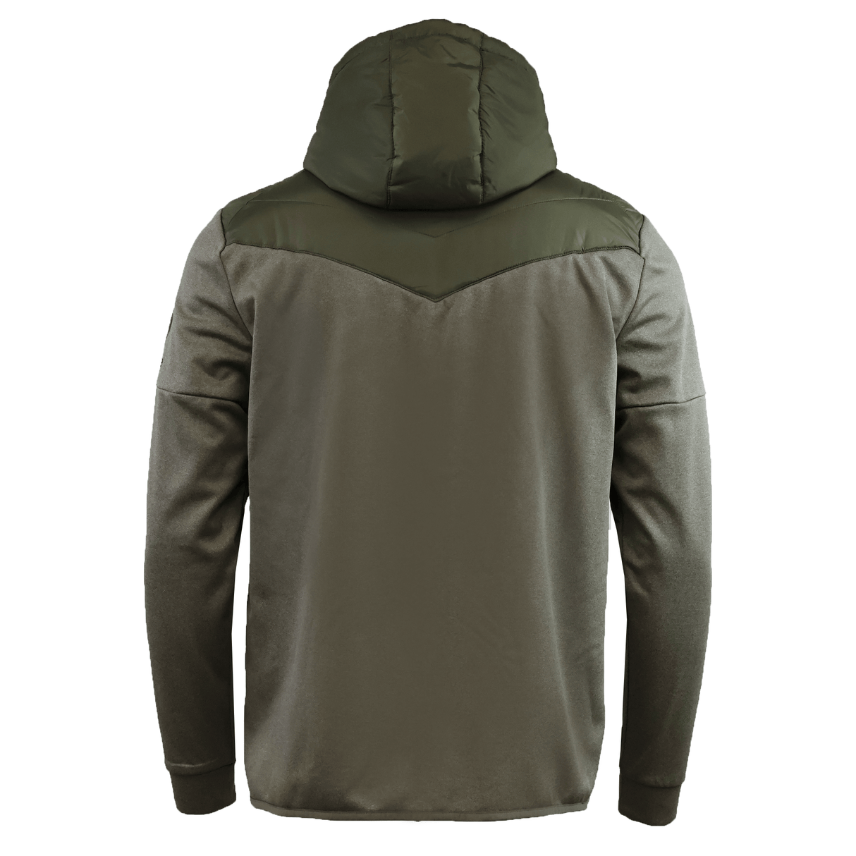Back view of the Canterbury Ireland 25/26 Hybrid Padded Jacket in olive green, featuring a padded upper, straight hem, water resistant fabric, and ThermoReg heat retention for extra warmth.