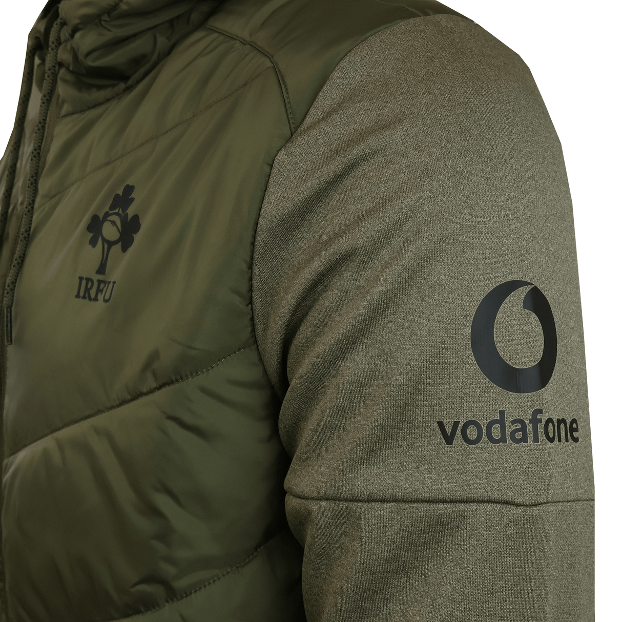 Close-up of the Canterbury Ireland 25/26 Hybrid Padded Jacket, a water-resistant coat with ThermoReg heat retention, featuring the IRFU logo on the chest and the Vodafone logo on the sleeve.