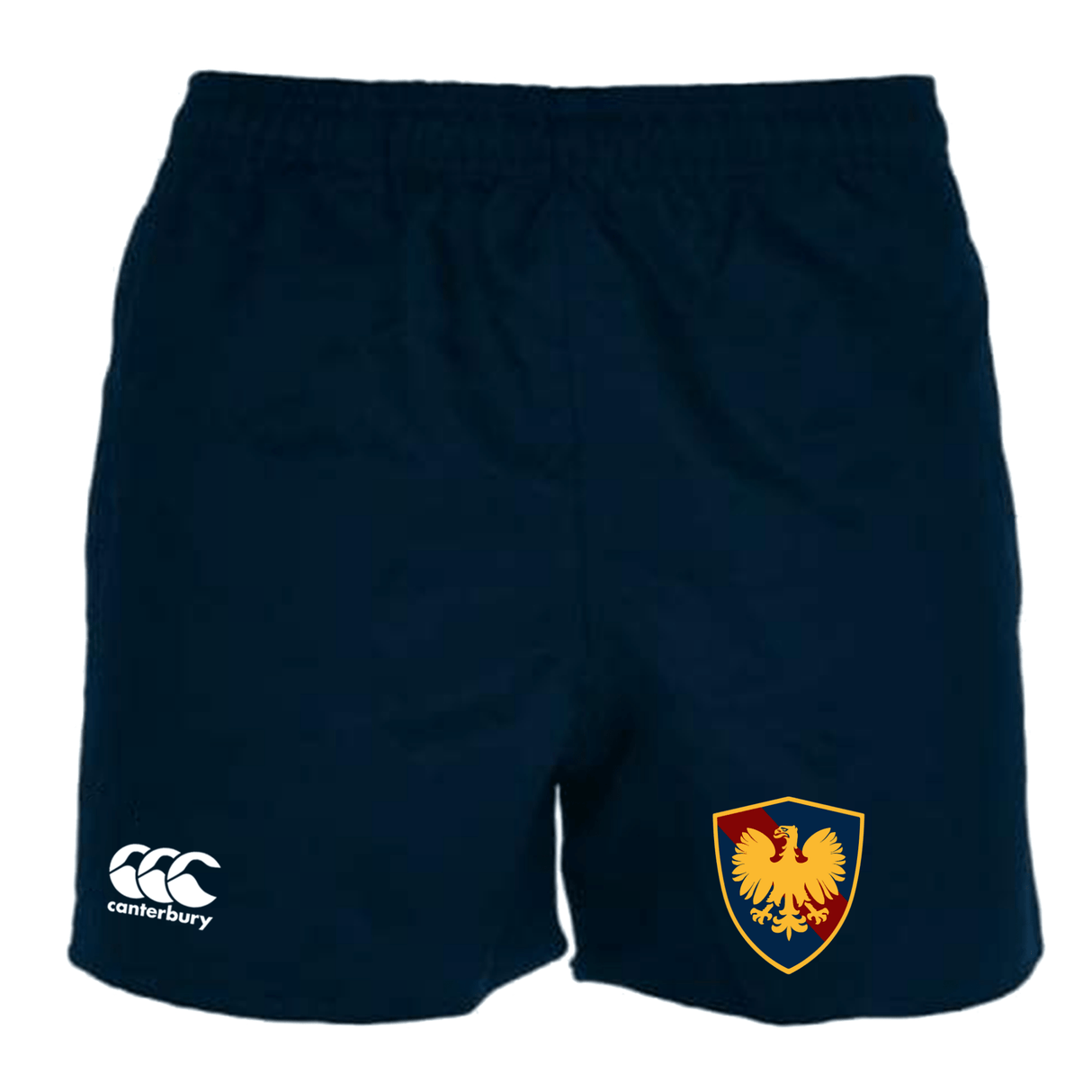 Navy blue Cincinnati Classical Academy Professional Polyester rugby shorts by EMB Canterbury with an embroidered logo on the left and a golden eagle crest on the right.