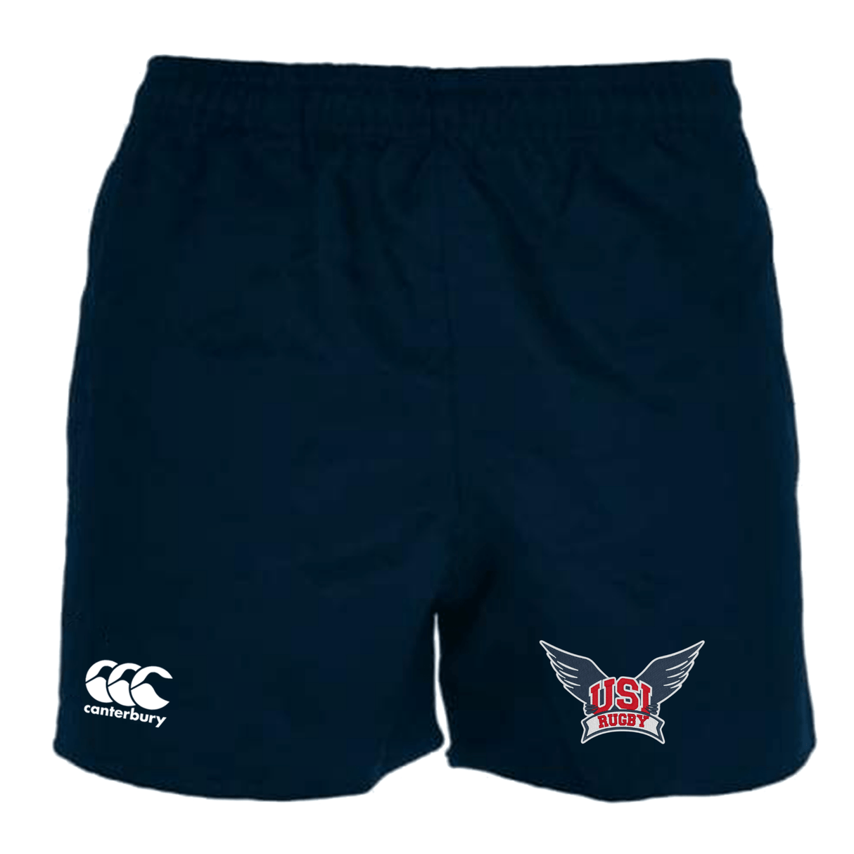 Navy blue University of Southern Indiana Professional Polyester Rugby Short by EMB Canterbury featuring an elasticated waistband, "CCC" logo on the left thigh, and "USA Rugby" logo on the right thigh.