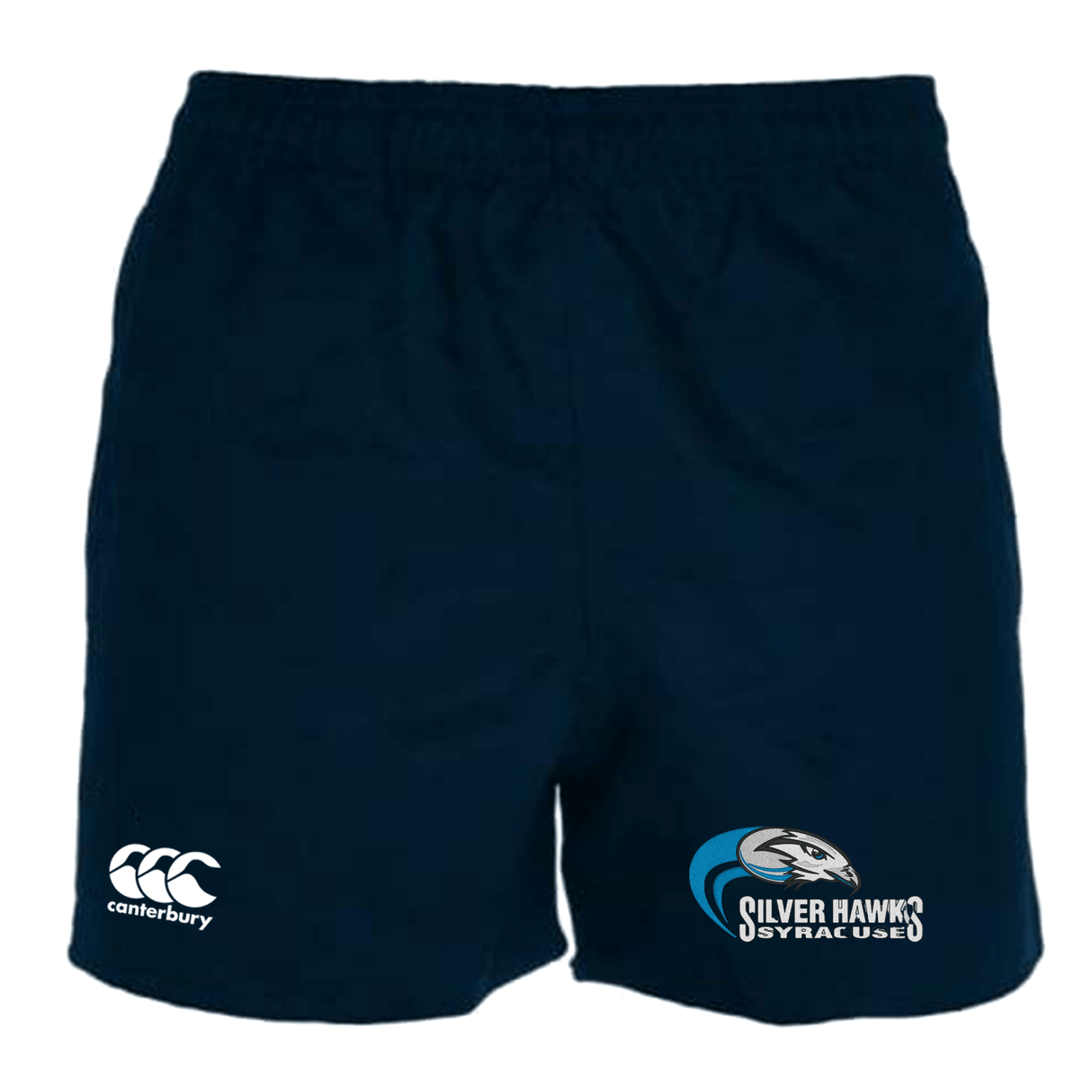 Syracuse Silver Hawks Professional Polyester Rugby Short by EMB Canterbury featuring the Canterbury logo, a "Silver Hawks Syracuse" emblem, and convenient pockets for added functionality.