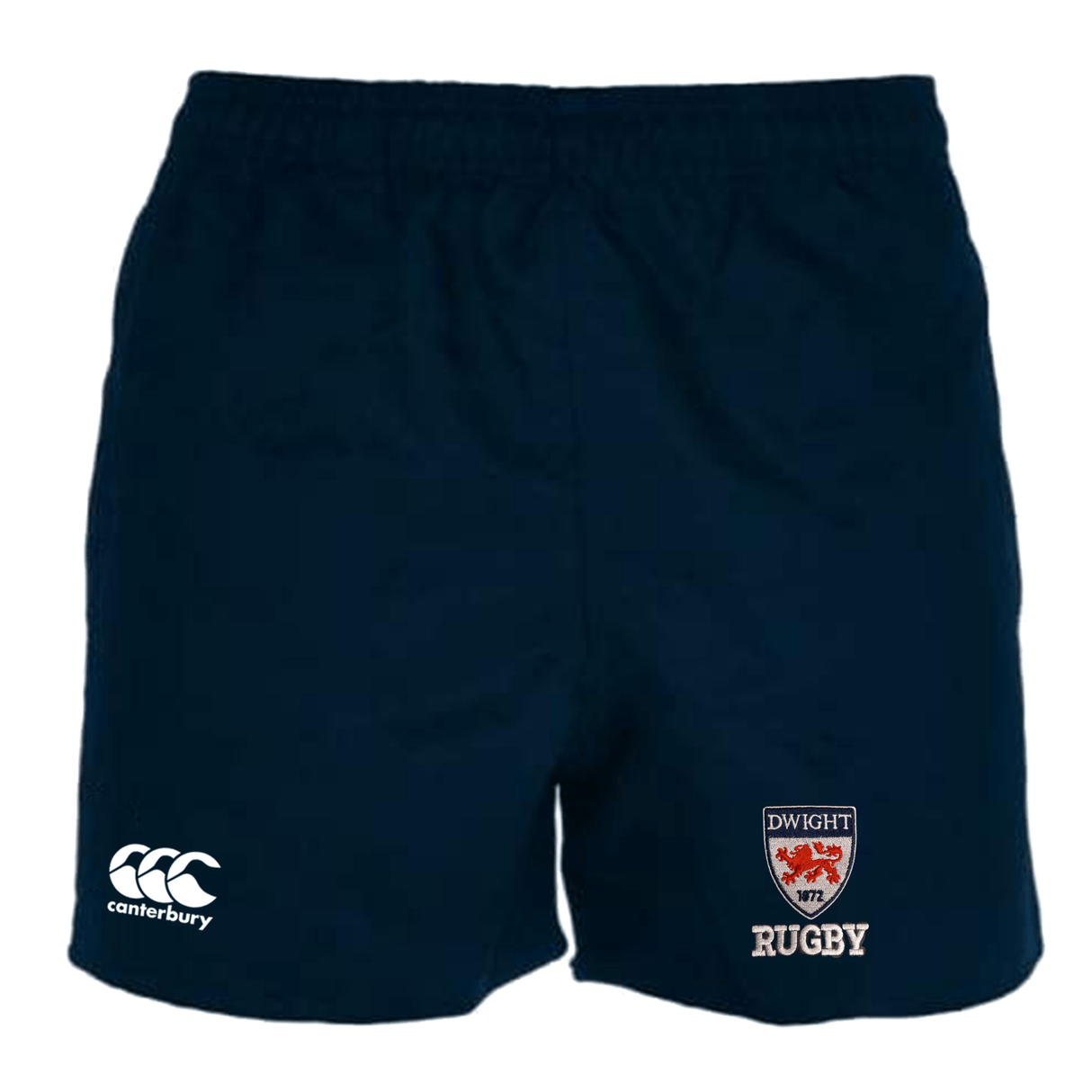 Navy blue Dwight Rugby Professional Polyester Rugby Short by Canterbury featuring the EMB Canterbury logo on the right leg and the Canterbury logo on the left leg, complete with an elasticated waistband.