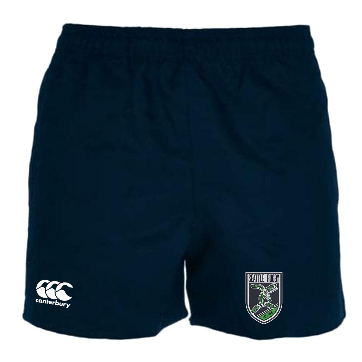 Navy blue EMB Canterbury rugby shorts with an elastic waistband, featuring the EMB Canterbury logo on the left thigh and the Seattle Rugby Club Professional Polyester Rugby Short by Canterbury logo on the right.