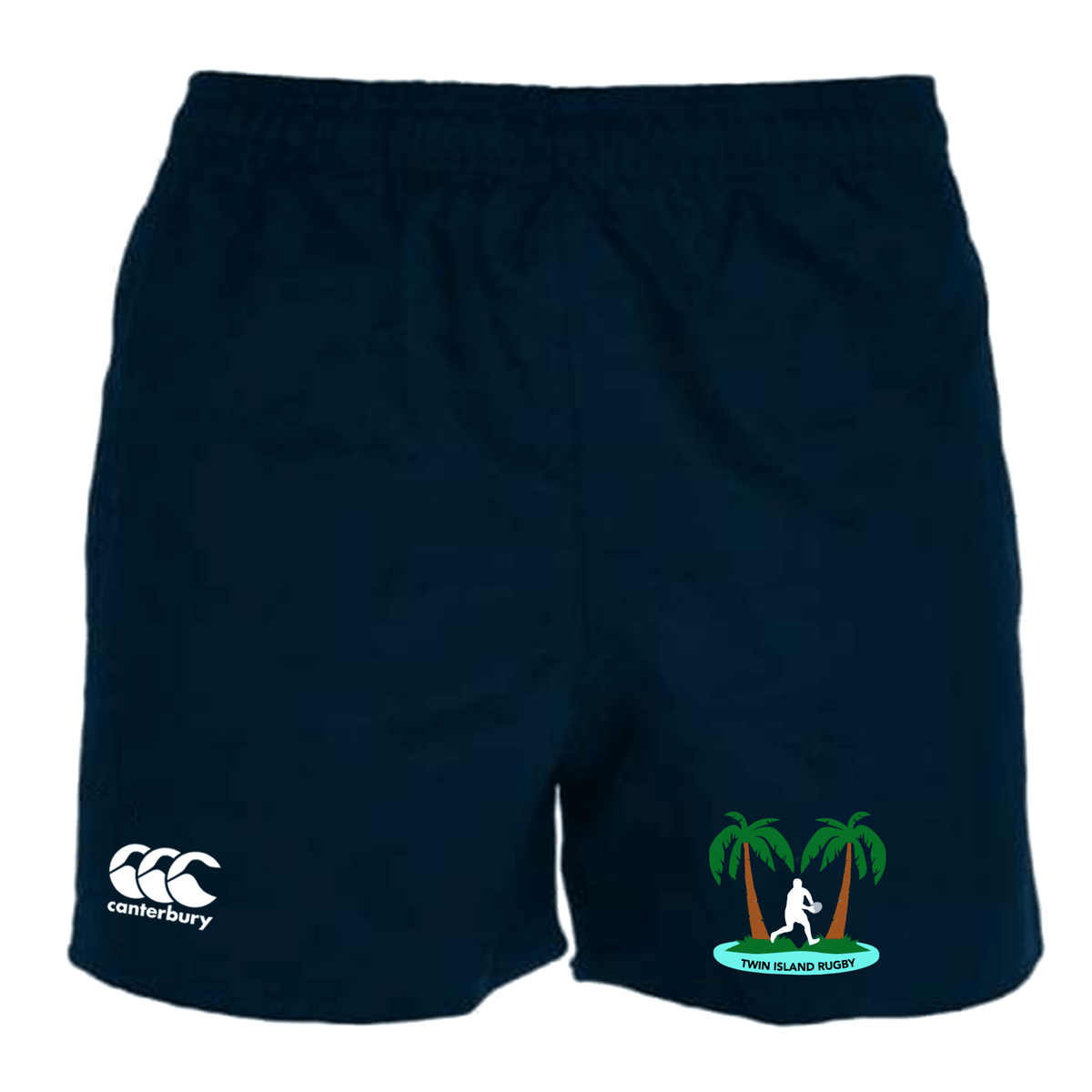 Navy blue EMB Canterbury Twin Island Rugby Professional Polyester rugby shorts with an elasticated waistband and internal draw-cord, featuring the brand logo on the left leg and a "tromsø island rugby" team logo
