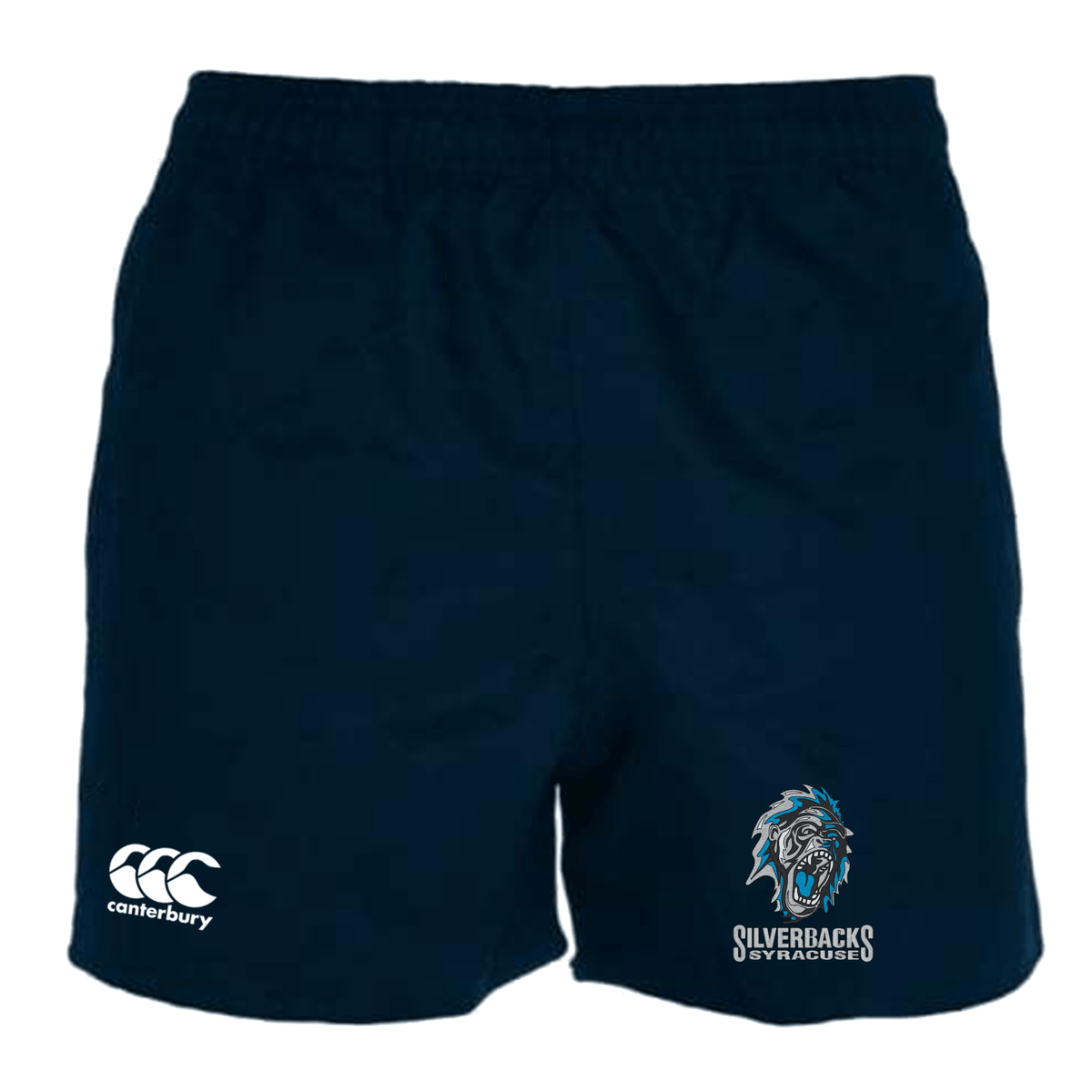 The Syracuse Silverbacks Professional Polyester Rugby Short by EMB Canterbury features the EMB Canterbury logo on the left leg, is made from durable polyester, and showcases a lion’s head graphic with the text "Silverbacks Syracuse" on the right leg.