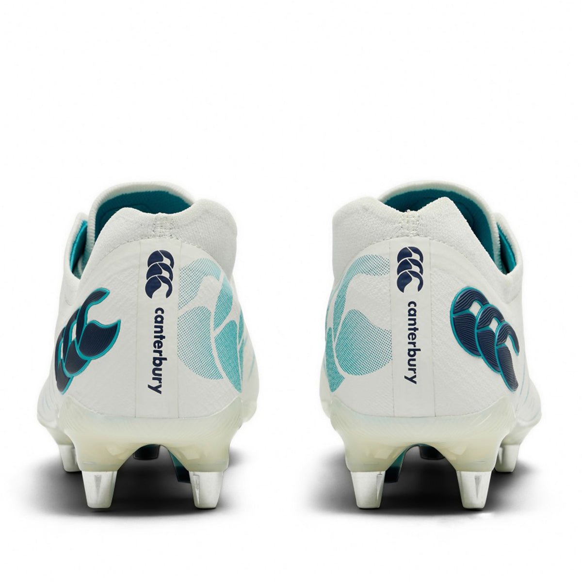 Rear view of a Canterbury Phoenix 2.0 Elite SG - White/Baltic Green rugby boot with light blue graphics and metal studs.