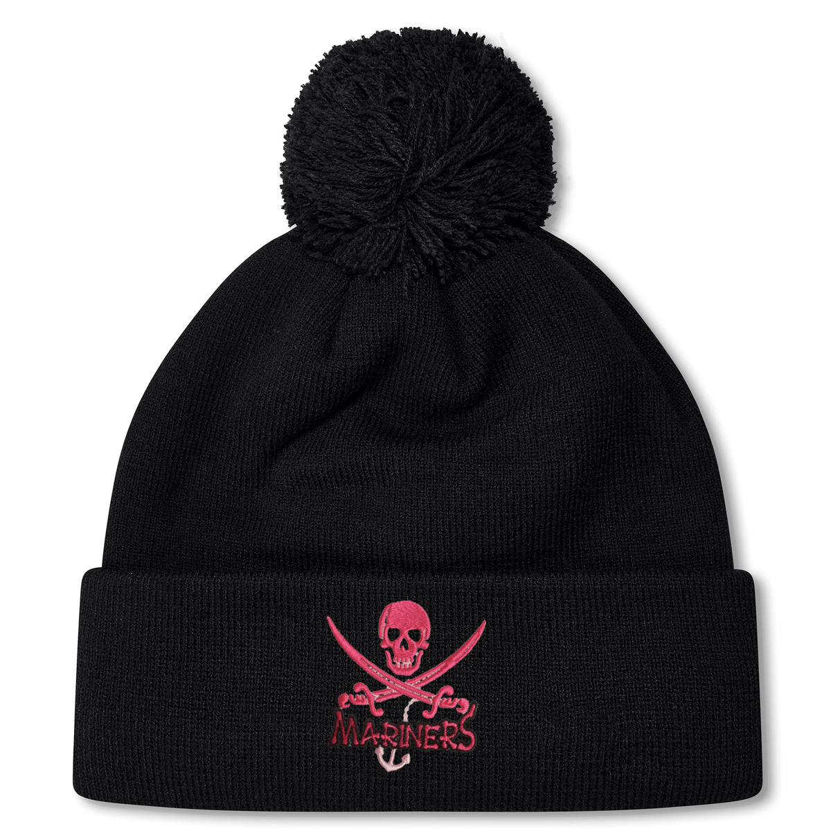 Black SUNY Maritime Pom Pom Beanie with a pom-pom on top and embroidered skull and crossbones logo labeled "EMB Canterbury" on the cuff.